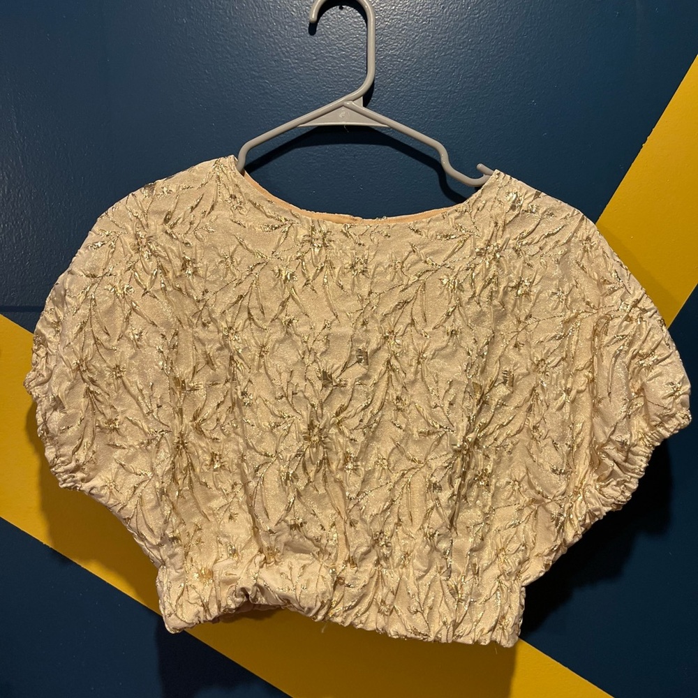 Anthropologie Self Contrast Cream & Gold Short Dolman Sleeve Cropped Blouse NWOT